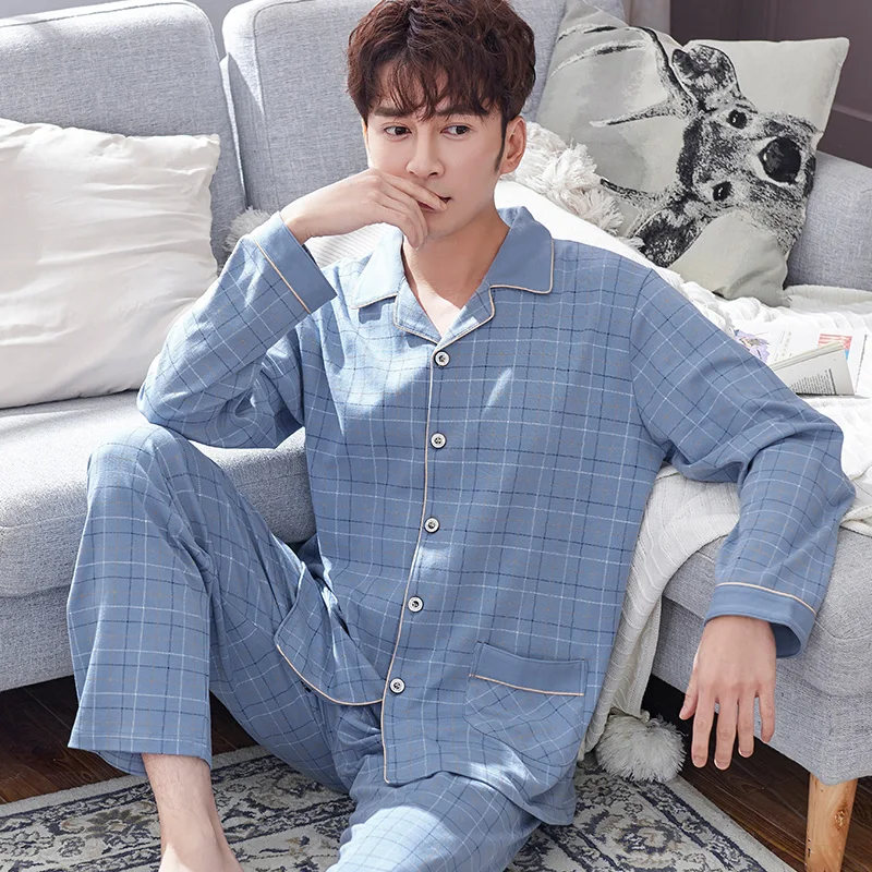 Blue Plaid Cotton Pijamas Hombre Long Sleeves Sleepwear Button-Down Korean Pajamas Set for Men Pure Cotton Pyjamas PJ Plus Size