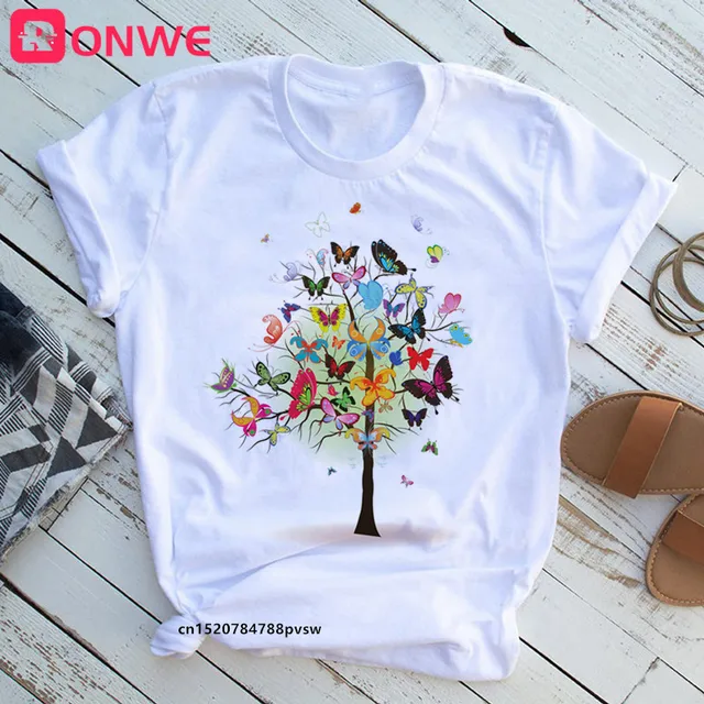 Woman Butterfly Tree Print Harajuku Summer Tshirts Casual Round Neck Short Slee Top Tee Shirt,Drop Ship P8017B