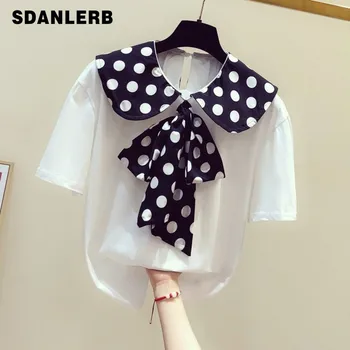 

Stitching Polka Dot Scarf Bow Doll Collar Short Sleeve T-shirt Female 2020 Summer New Korean Style Tshirt Students Tee Tops