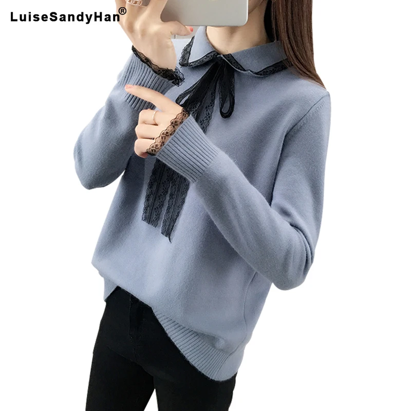 Весна 2021 новинка Женский вязаный джемпер с кружевным бантом женский свитер |