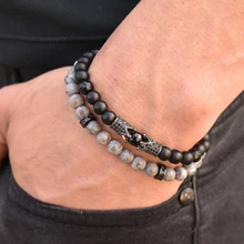 2019 nuevo brazalete de cuentas de piedra gris negro de doble corona de moda para hombre, regalo de joyería de moda hecho a mano(China)