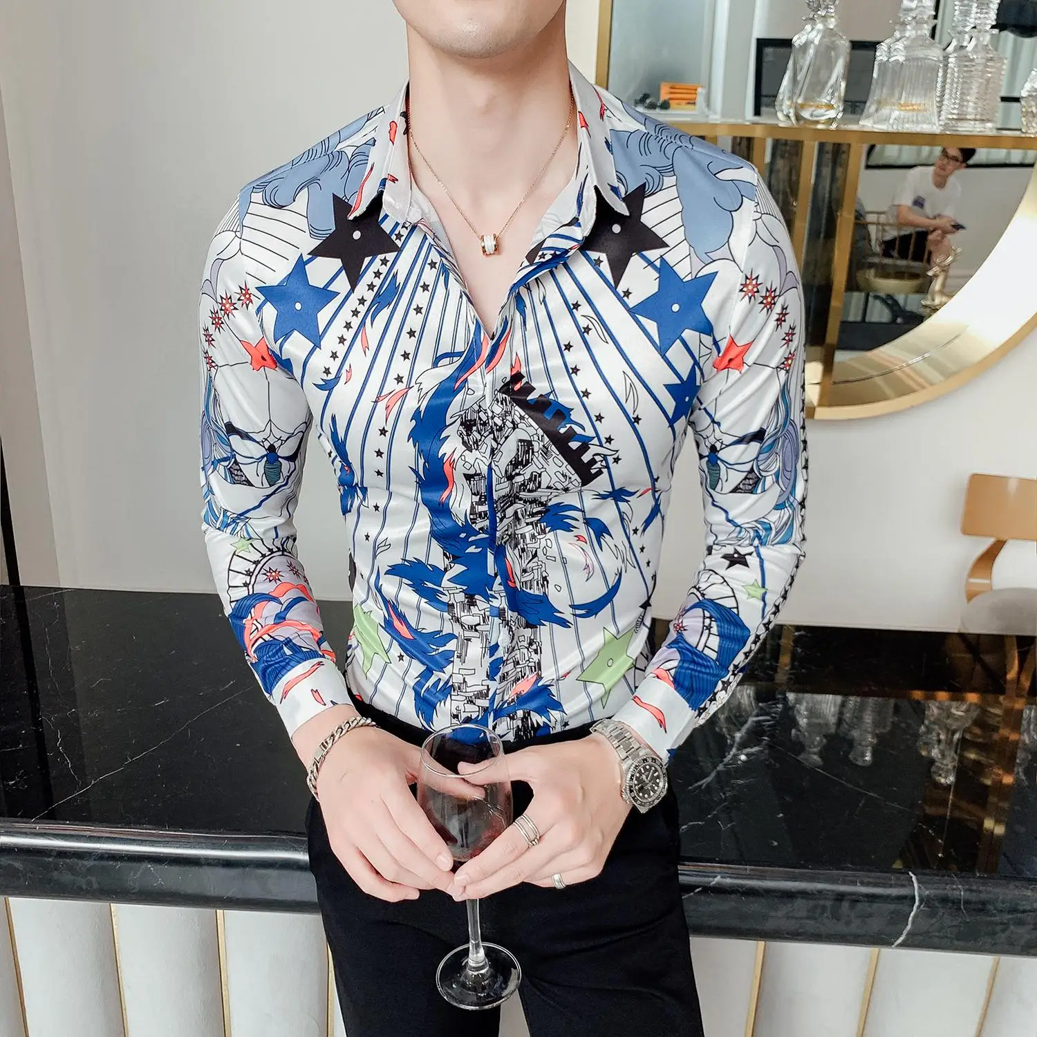 Новая мужская рубашка Camisa Social Masculina с длинным рукавом мужские рубашки Высокое качество полная печать Slim Fit повседневные мужские рубашки - Цвет: 2310  WHITE