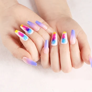 

24pcs Purple Gradient Rainbow Color Ballet Long Coffin Fake Nails press on Colorful Beauty Fashion Style Girls Hands Decoration