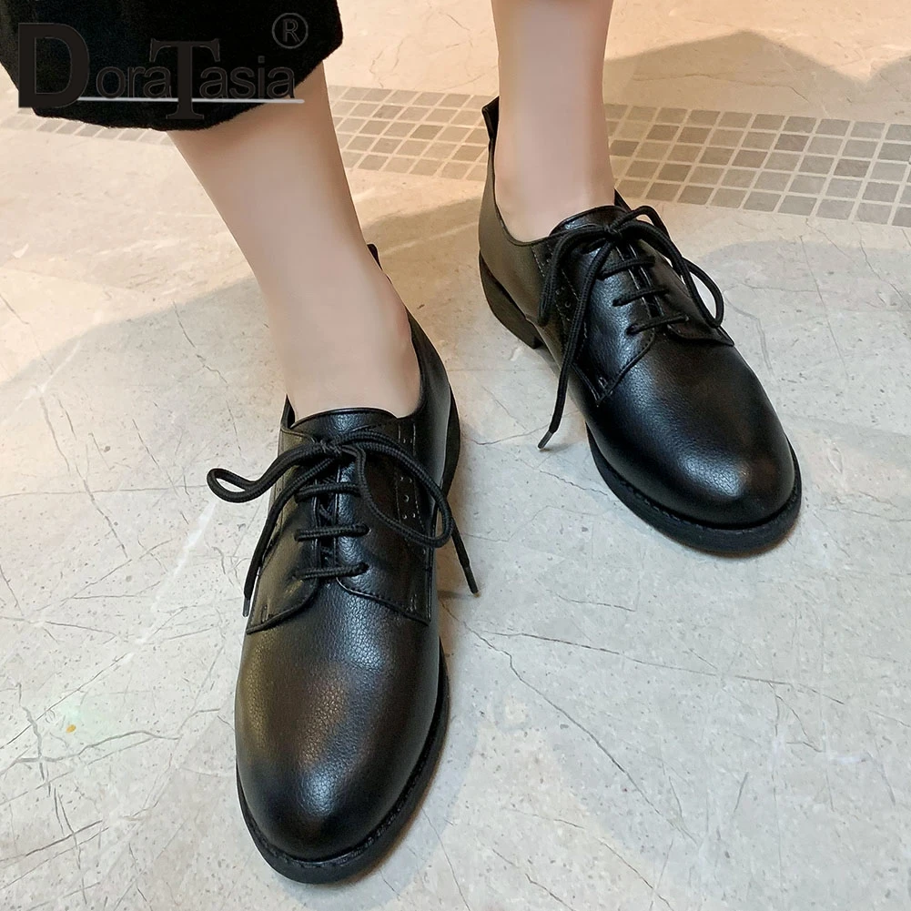 

DORATASIA Brand Fashion Ladies Flats Office Consise Comfortable Flats Women Lace Up Round Toe Chunky Heel Black Shoes Woman