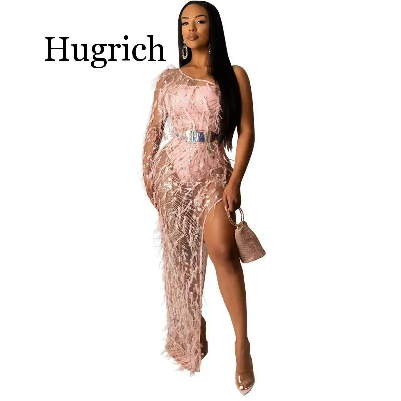 

2020 Gorgeous Sequin Feather Sheer Mesh Bodysuit Dress Women One Shoulder Long Sleeve High Slit Bodycon Maxi Club Party Dress