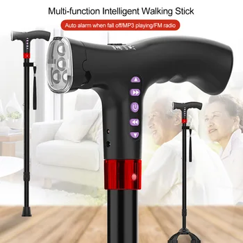 

Elderly L-ED Walking Cane FM Radio MP3 Smart Safety Fall Alarm Walking Stick Mothers Fathers Telescopic Elderly Crutch Cane