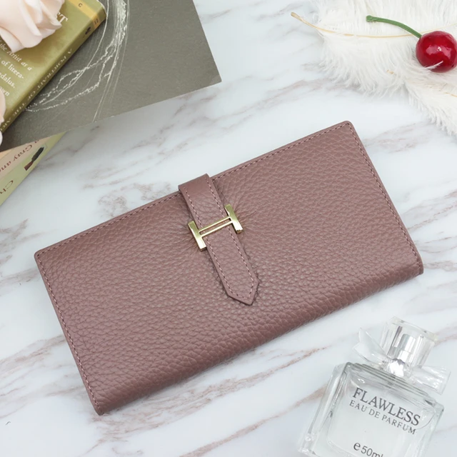 Genuine Leather Women Luxury Lychee Pattern Wallets Long Brand Zipper Coin Purses Female Solid Colors Hasp Thin Clutch Phone Bag Dark Pink