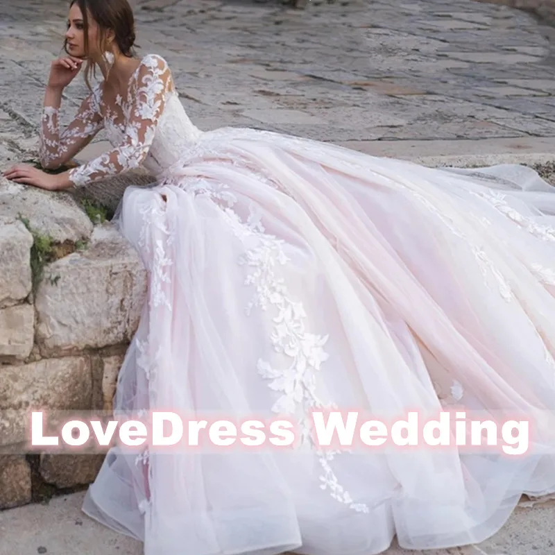 Luxury Pink Long Sleeves Wedding Dress Ball Gown Lace Appliques O-Neck Button Royal Train Bride Gowns Vestido De Novia Princess 3