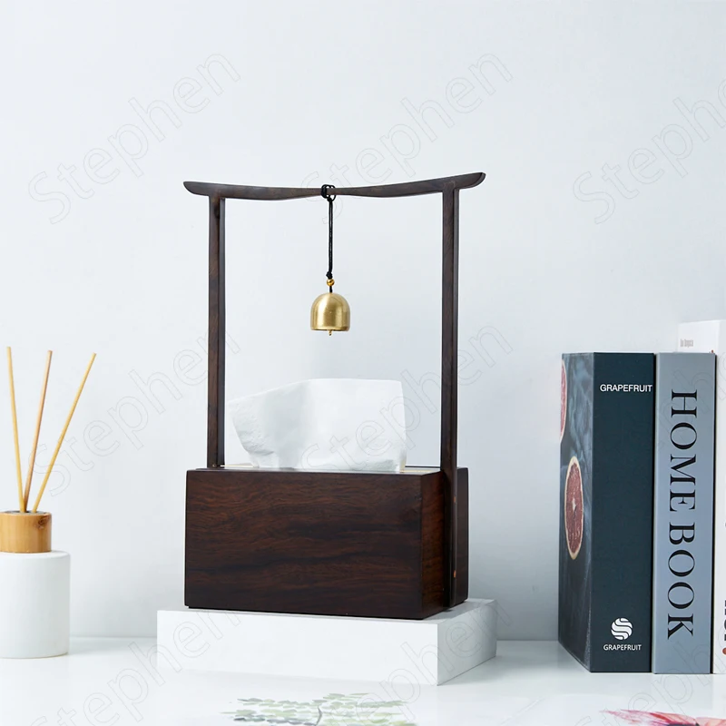 

Ebony Solid Wood Zen Tissue Boxes Japanese Simple Golden Stroke Napkin Holder Ornaments Office Desktop Paper Towel Organization