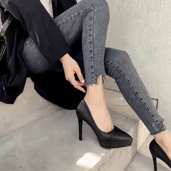 

EOEODOIT New Fashion Leather Platform Pumps Women Slip On High Stiletto Heels Pointed Toe Office Formal Party Wedding Shoes