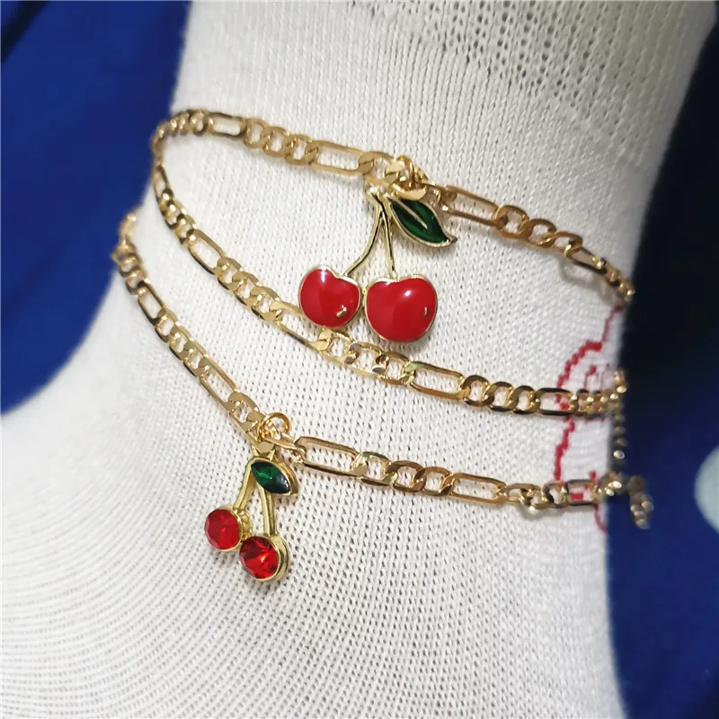 2Pcs/Set Fashion Crystal Cherry Anklet for Women Gold Color Sweet Fruit Butterfly Flowers Ankle Chain Bracelet Foot Accessories 2Pcs/Set Fashion Crystal Cherry Anklet for Women Gold Color Sweet Fruit Butterfly Flowers Ankle Chain Bracelet Foot Accessories