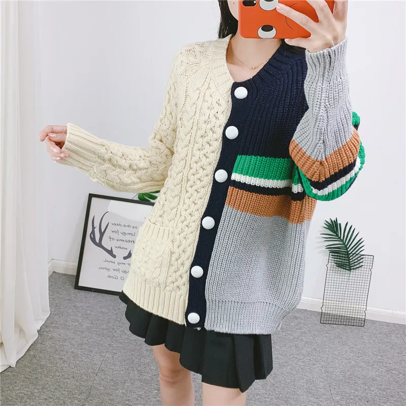 Women Hit Color Oversized Sweater Coat Patchwork Cardigan Autumn Winter Thick Knitted Coat Single Breasted Cardigan P-164