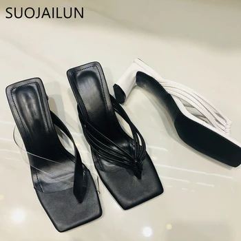 

SUOJIALUN 2020 New Lady Summer Slippers Square High Heels Sandal Shoes Square Toe Ladies Slides Outdoor Casual Beach Flip Flops