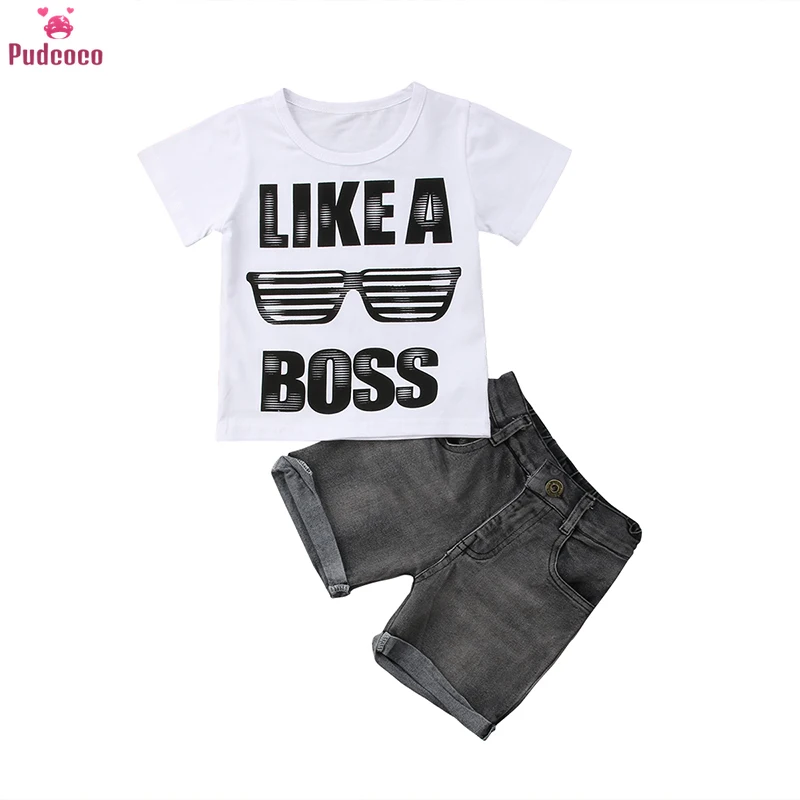 

Summer 2 Pieces Toddler Kids Baby Boy Clothes Set Short Sleeve T-shirt +Denim Jeans Shorts Outfit Children Boys Clothing