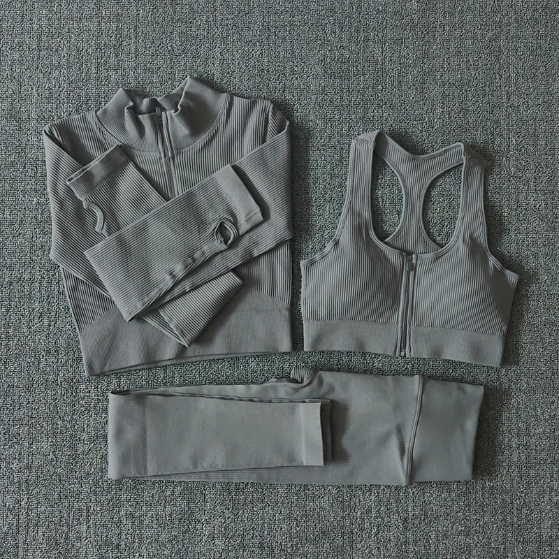 Seamless Women Yoga Set Workout Sportswear Gym Clothing Zipper Long Sleeve High Waist Leggings Fitness Bra Athletic Sports Suits