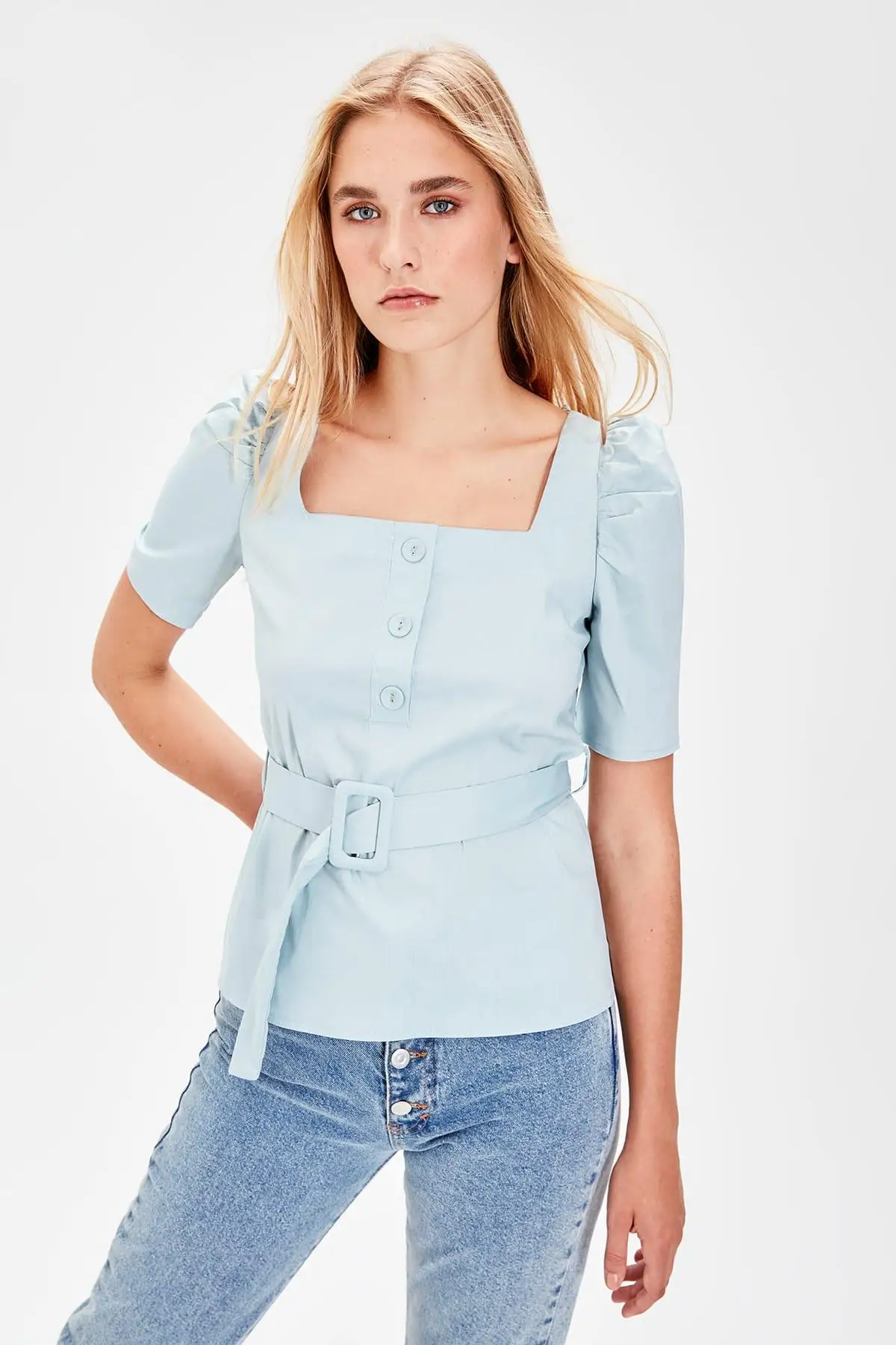 Trendyol Mavi Кнопка деталь Bluz TWOAW20BZ0133| |