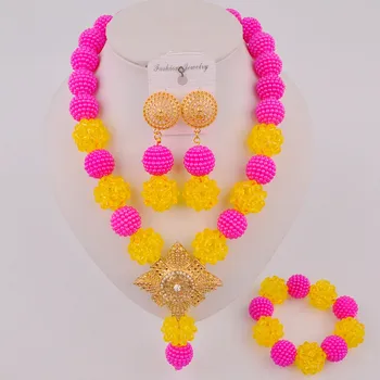 

Fashion Fuchsia Pink and Yellow Nigerian Wedding Costume Jewelry African Necklace Beads Set SP3-03