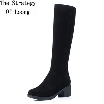 

Spring Autumn Simple Slim Women Full Grain Leather Knee-High Long Boots Winter Ladies Plush Zipper Thick Heels Boots 20200207