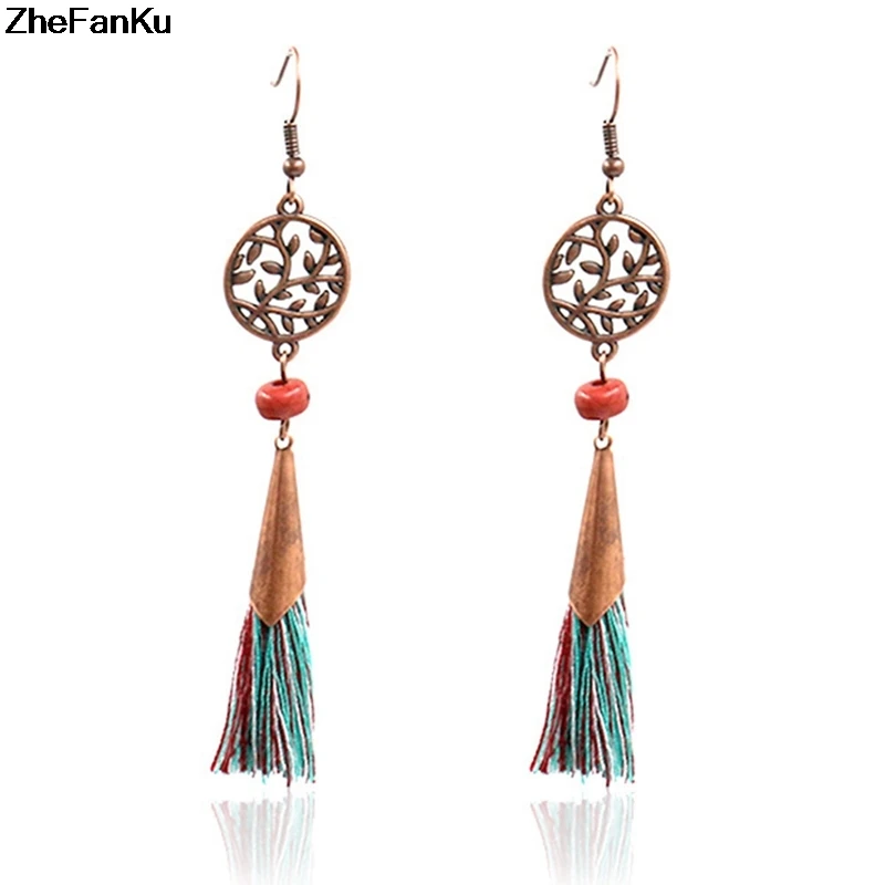 Boho Винтаж длинные Позолоченные каплевидные серьги с квадратными Этническая богемная женская обувь с женской зеленной обуви с кисточкой в виде капель с кристаллами в форме Для женщин деревянные бусины серьги вечерние ювелирные изделия