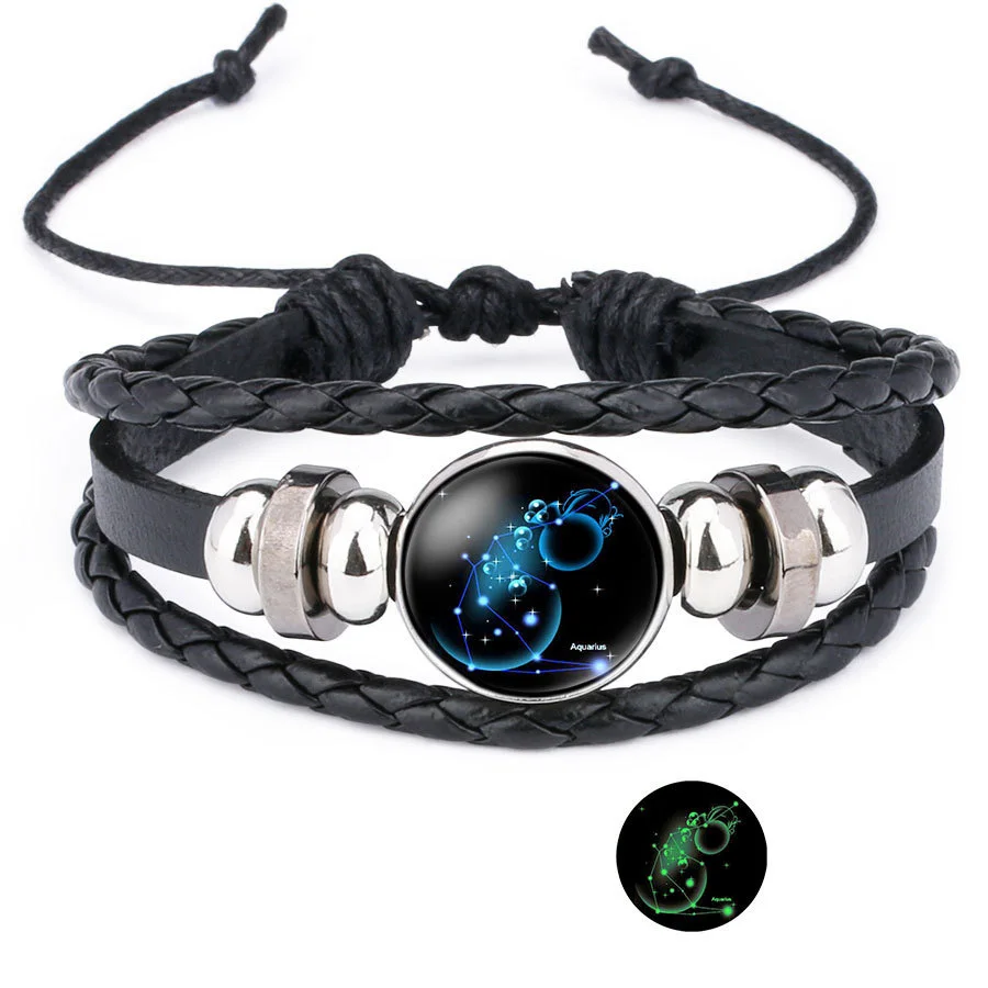 Glow in The Dark 12 Constellations Leather Rope Bracelet for Women Men Luminous Zodiac Sign Charm Bangle Punk Jewelry Gift bracelet jewelry