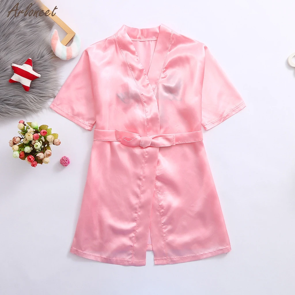 Kids Children Summer Toddler Baby Kid Solid Silk Satin Kimono Robes Bathrobe Birthday Girls Sleepwear Clothes Baby Bathrobe