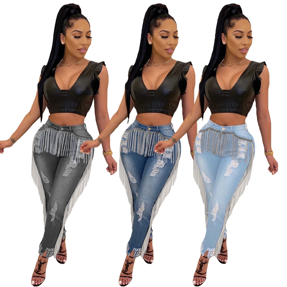 Fashion Women Skinny Hole Ripped Strech Jeans High Waist Denim Pencil Pants Side Tassel Fringe Washing Female Long Trouser |
