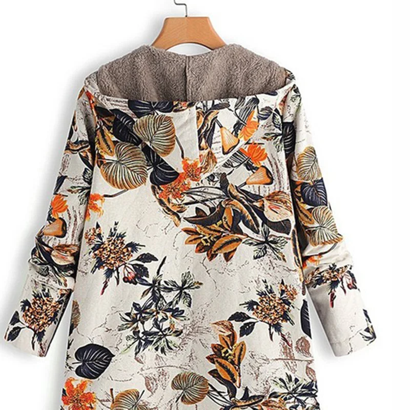 Fashion Female Jacket Plush Coat Women Hiking Jacket Winter Keep Warm Outwear Floral Print Hooded Pockets Vintage Oversize