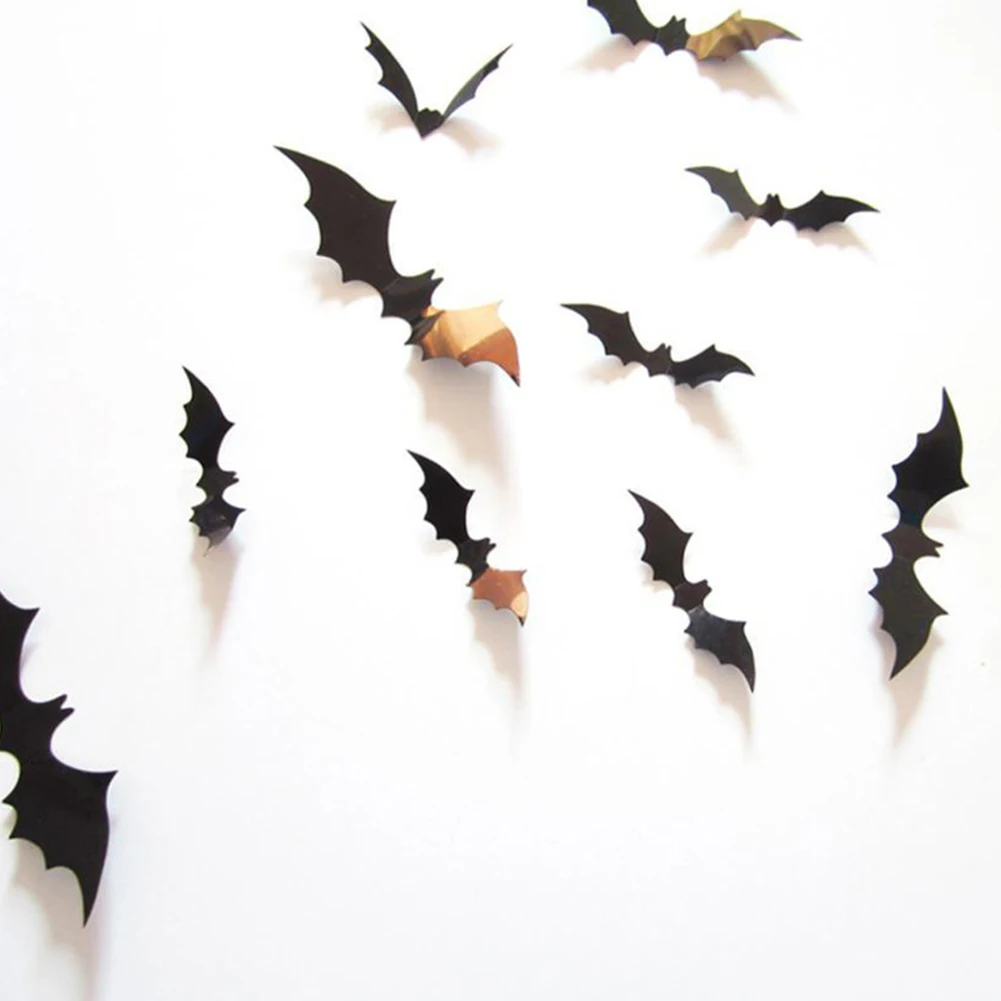Halloween-Bat-Wall-3D-Sticker 12 шт Черный 3D DIY ПВХ наклейка для дома на Хэллоуин-вечеринку, страшный декор для украшения стен