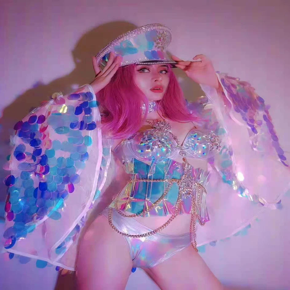 

Sequins Shawl Bikini Suit Bar Gogo Nightclub Singer Dancer Stage Costume Women Evening Party Prom Show Wear Outfit