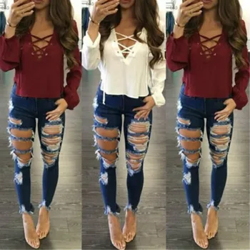 

Denim Jeans Pencil-Pants Destroyed Hole Sexy Ripped High-Waist Women Slim DM001