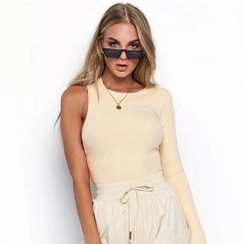 

BONJEAN Women Bodysuit Ribbed Knit Single Shoulder Slope Neckline Bodysuit Autumn Long Sleeve Bodyocn solid Sexy Body Female