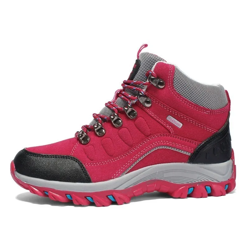 Зимняя мужская и женская уличная походная обувь Нескользящая износостойкая походная обувь для альпинизма водонепроницаемые высокие Трекинговые кроссовки - Цвет: Rose Red