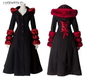 

Lugentolo Winter Coat Women Autumn Winter Hooded Lace-up Fur Turn-down Collar Single Breasted X-Long Slim Button Plus Size Coat