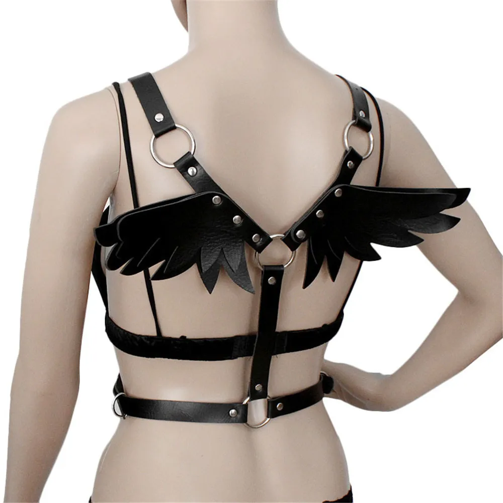TRODEAM Leather Harness Fashion Black Angel Wings Chest Harness For Women Sexy Lingerie Goth Bra Cage Waist Band Bondage Female