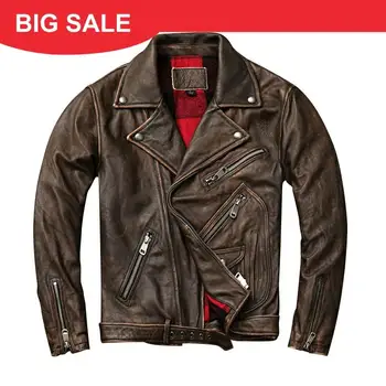 

2020 Vintage Brown Men Motorcycle Leather Jacket Plus Size XXXXL Genuine Thick Cowhide Slim Fit Leather Coat FREE SHIPPING