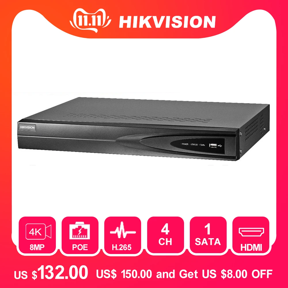 

Hikvision 4CH PoE NVR DS-7604NI-K1/4P 4 Channel Embedded Plug Play 4K NVR with 4 PoE Ports for IP Camera CCTV System