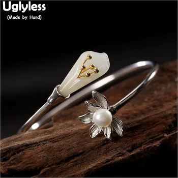 

Uglyless Natural Pearls Bangles for Women Hetian Jade Calla Lily Bracelets Adjustable Open Bangle 925 Silver Fine Jewelry BA574