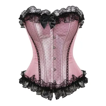 

Pink Satin Lace Trim Overbust Corset Dancer Showgirl Barlesque Corsets And Bustiers Lingerie Tops Waist Cincher Red 6XL