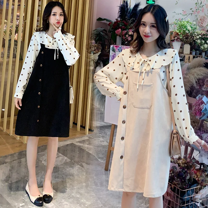 

Long Sleeve Polka Dot Shirt And Suspender Skirt Two-Piece Set-Style Set Mid-length Korean-style Loose-Fit on Clothes Dress
