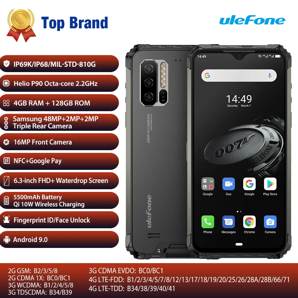 Ulefone Armor 7E Rugged Mobile Phone Helio P90+128G Smartphone 2.4G/5G WiFi Waterproof IP68 Global Version Android 9.0 NFC/48MP
