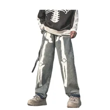 Pantalon en jean noir surdimensionné style squelette pour homme, Streetwear, Hip Hop, sarouel, taille haute, salopette en Denim, 2021 