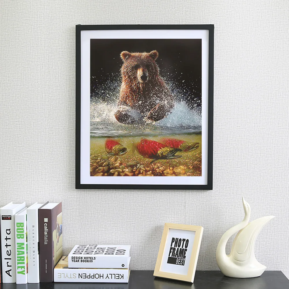 DIY Алмазная вышивка крестиком 5D водные животные, Медведь Рыбалка волшебный алмаз радиус