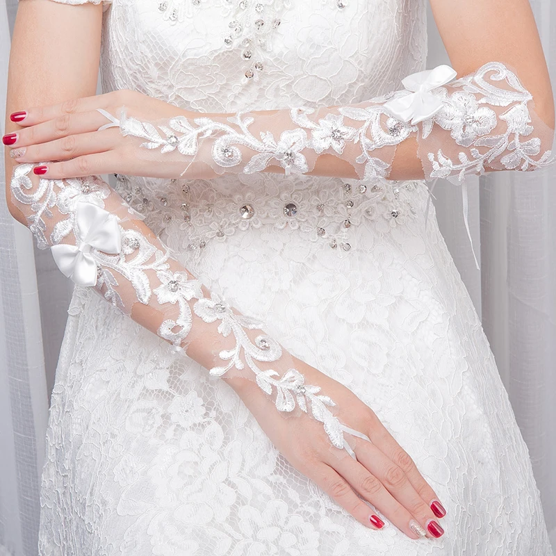 guantes de novia Woman's Lace Long Gloves With Bow Beaded Elbow Length Cheap Wedding Bridal Gloves Fingerless Bride Accessories