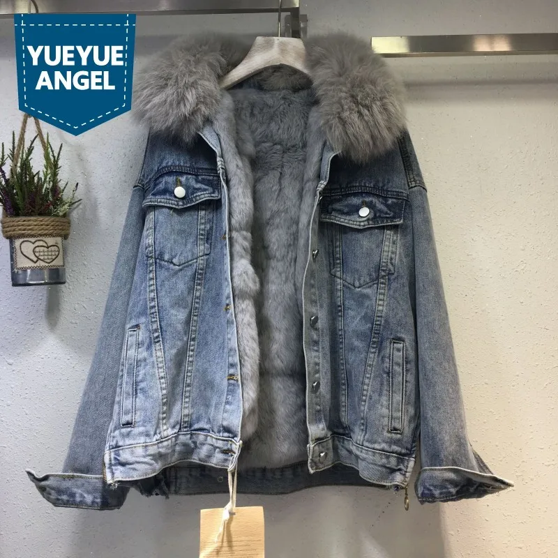 

Winter Warm Thickened Rabbit Wool Liner Female Denim Jackets Fashion Faux Fox Fur Collar Loose Womens Outwear Coats Streetwear