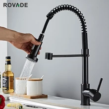 ROVODE Black Kitchen Faucet Mixer Tap 360 Degree Rotation Lever Pull Out 2 Way Spring Spout for Kitchen Sink Hot Cold Taps