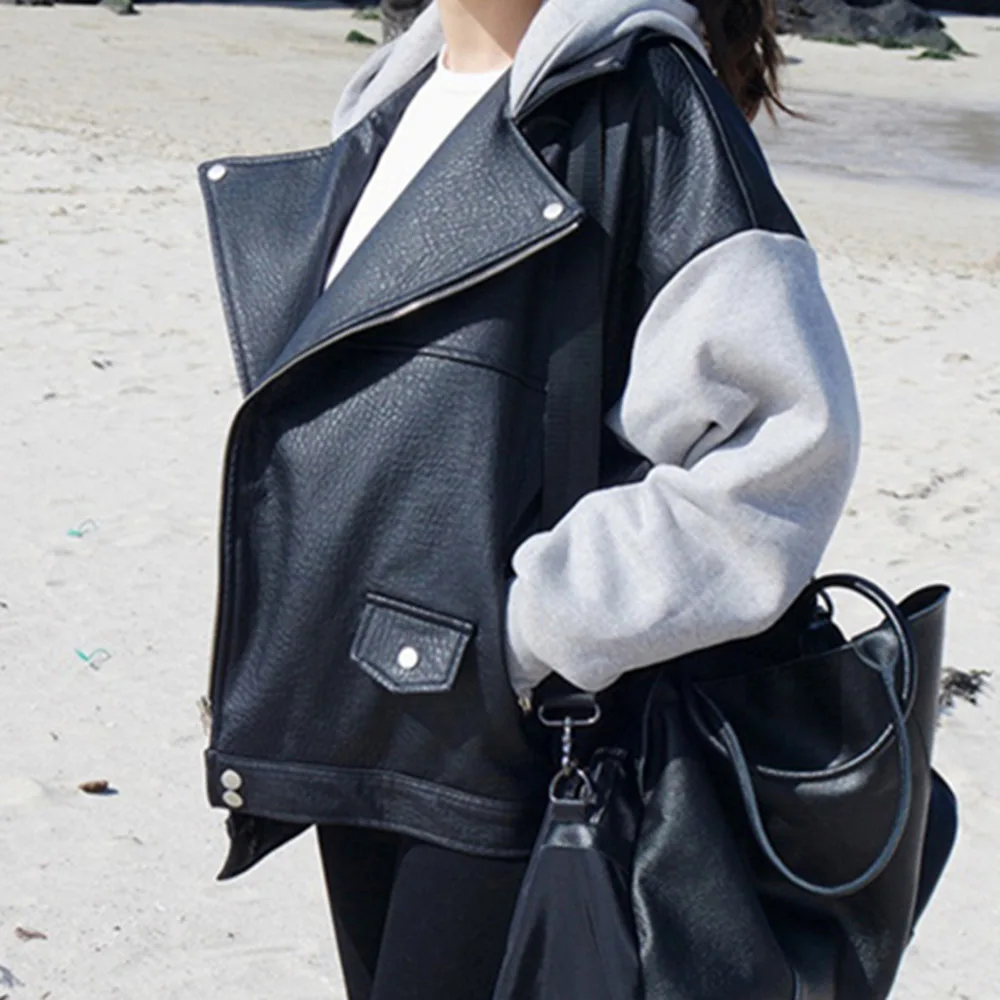 

PU Leather Jacket Women Students Autumn Winter Long Sleeve Washable Leather Color Block Pocket Zipper Fashion Casual Outwear