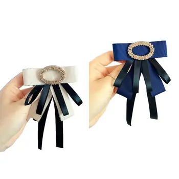 

Women Layered Contrast Color Ribbon Bow Tie Lady Casual Rhinestone Buckle Collar Brooch Pin Student Pre-Tied Necklace Neck Tie