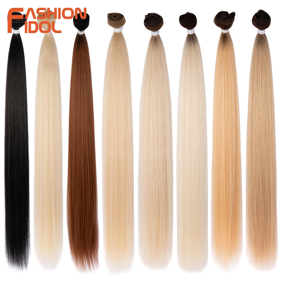 Bone Straight Hair Extensions Ombre Blonde Hair Bundles Super Long Hair Synthetic 24 Inch Straight Hair Full to End FASHION IDOL shine ash brown long straight good quality synthetic wig ash blonde wig for woman 150% 30 none lace full machine made wig