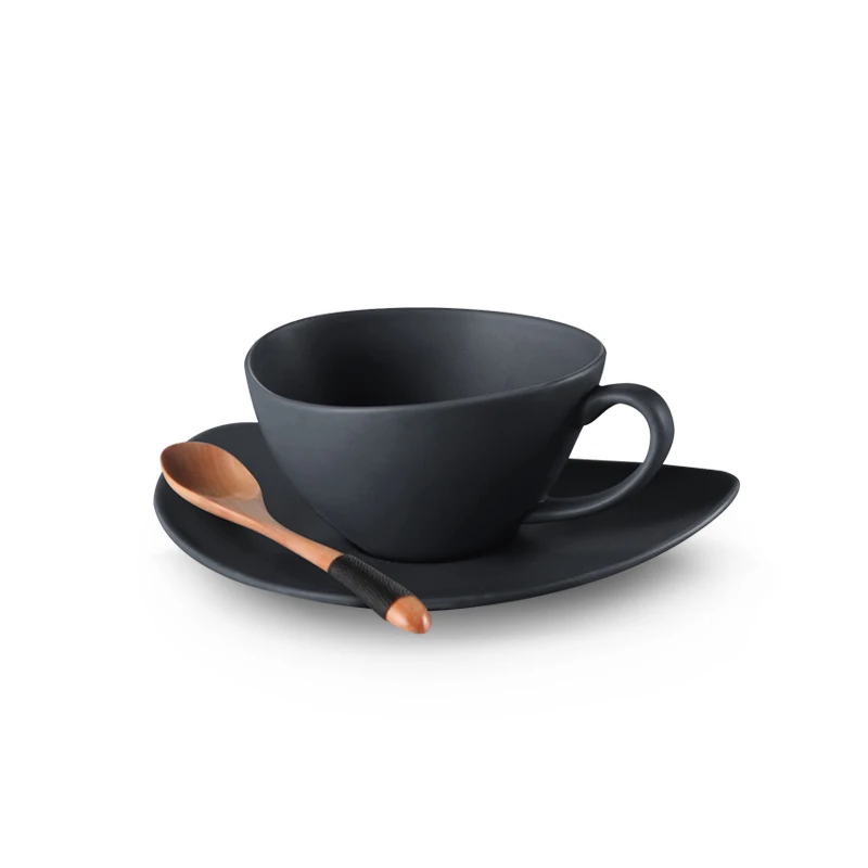 Европейский керамический набор кофейных чашек, креативная одноцветная кофейная чашка с деревянной ложкой, тарелка, подходит для семейного кафе - Цвет: Темно-серый