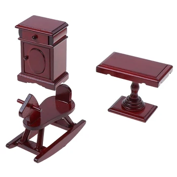 

1:12 Doll House Toys Dollhouse Miniature Red Wooden Rocking Horse Chair Cabinet Table Nursery Room Furniture Accessories
